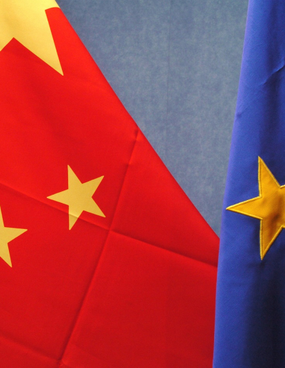 Chinese flag, on the left, and European flag