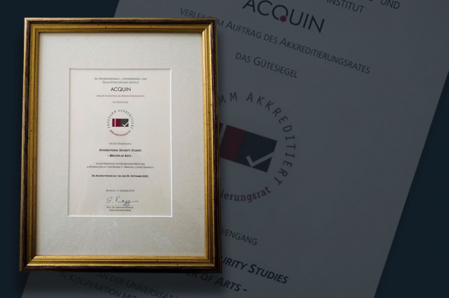 A photograph of the accreditation certificate for the Master of Arts Program in International Security Studies (MISS).  
