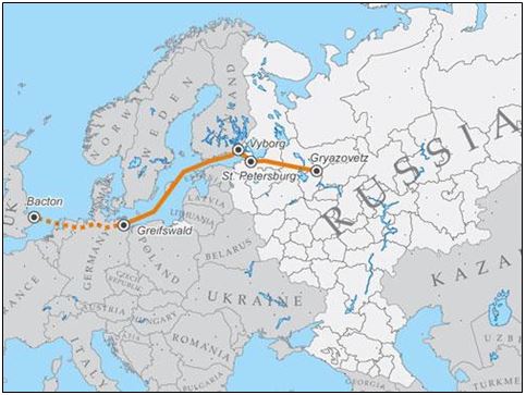 A map highlighting the Nord Stream projected route, with proposed additional link to UK.
