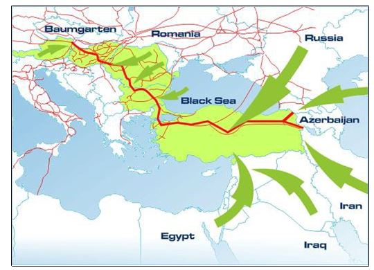 A map highlighting the Nabucco projected route.