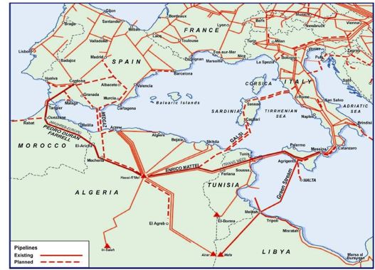 A map higglighting tthree completed North African pipelines and two under construction.