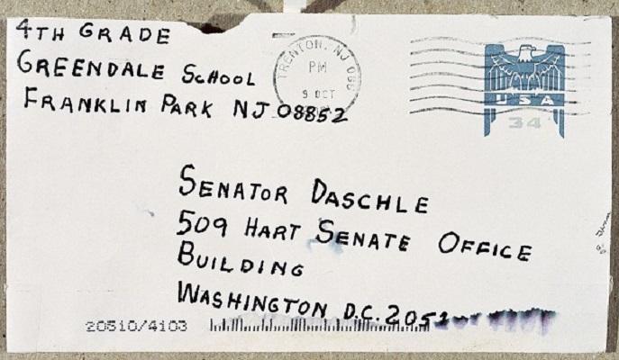 Amerithrax (anthrax investigation) envelope addressed to Senator Thomas Daschle, postmarked October 9, 2001. 