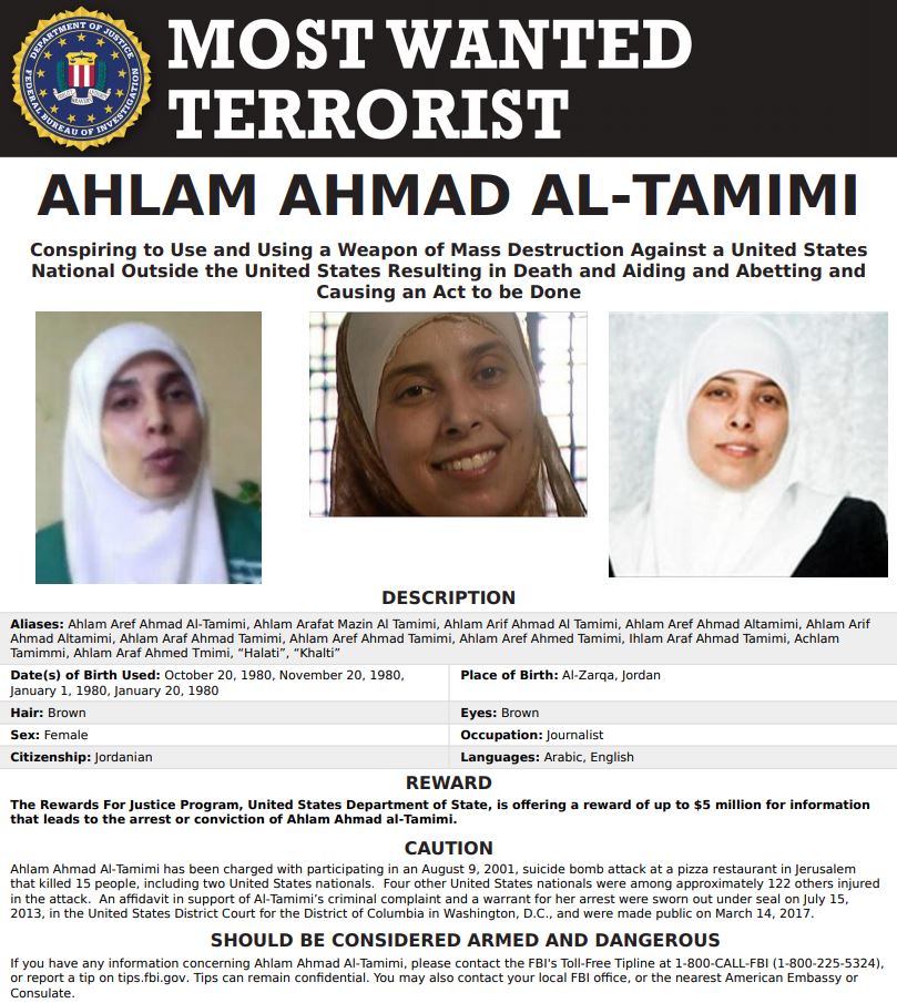 A most wanted poster for Ahlam Ahmad Al-Tamimi.