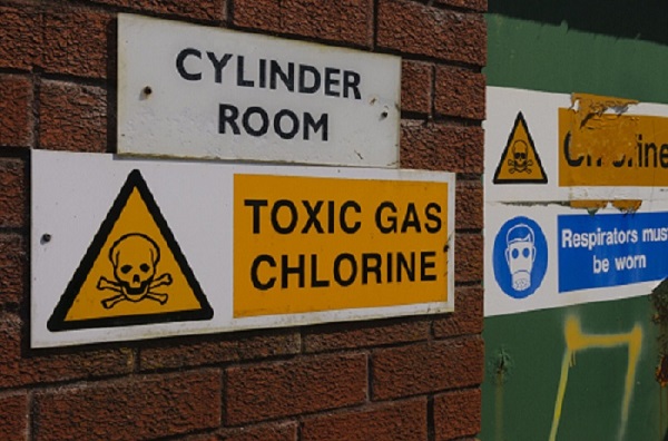 Signs warning of the presence of Chlorine gas at a water treatment plant.