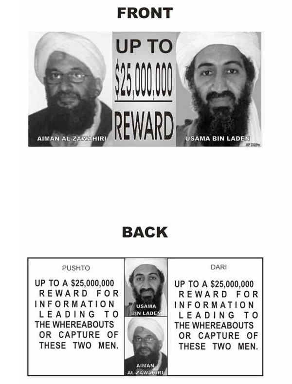 Leaflet Offering $25 Million For Osama bin Laden and Ayman al-Zawahiri