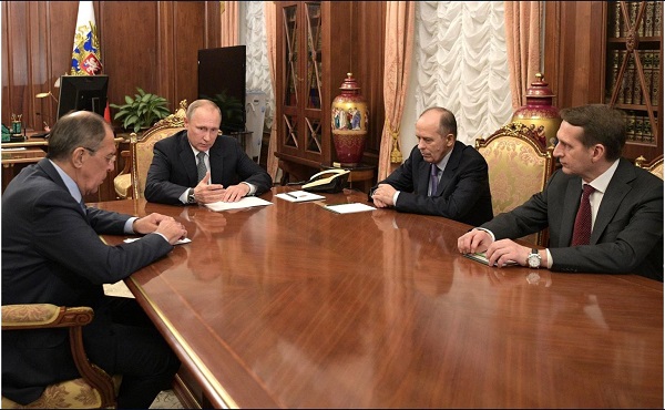 Meeting with Foreign Minister Sergei Lavrov (left), Director of the Foreign Intelligence Service Sergei Naryshkin (right) and Director of the Federal Security Service Alexander Bortnikov.