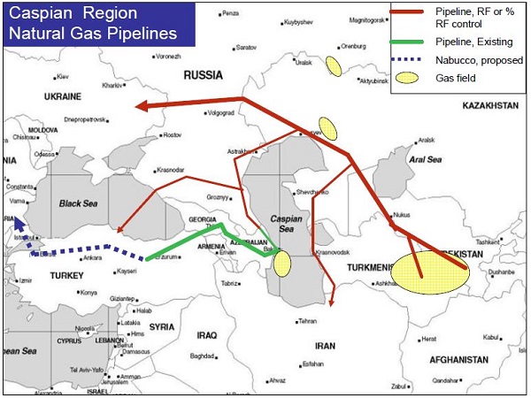 A map showing the the Caspian region natural gas pipelines.