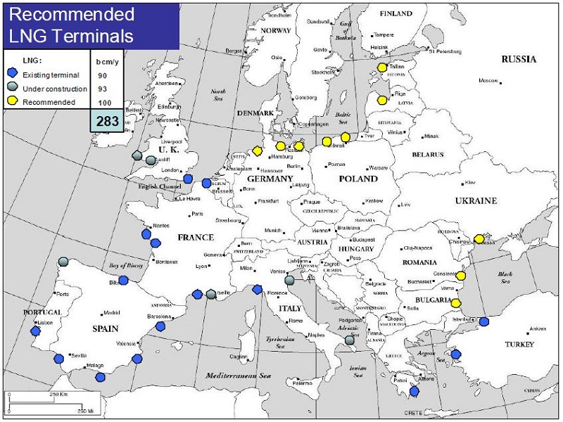 A map of existing and recommended European LNG terminals in 2007.