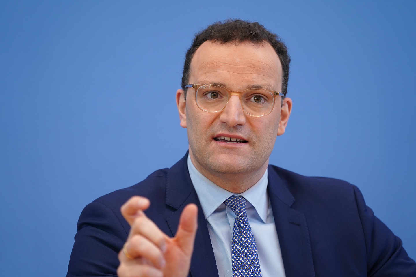 A photograph of German Health Minister Jens Spahn speaking to the media during the coronavirus crisis on April 17, 2020 in Berlin,