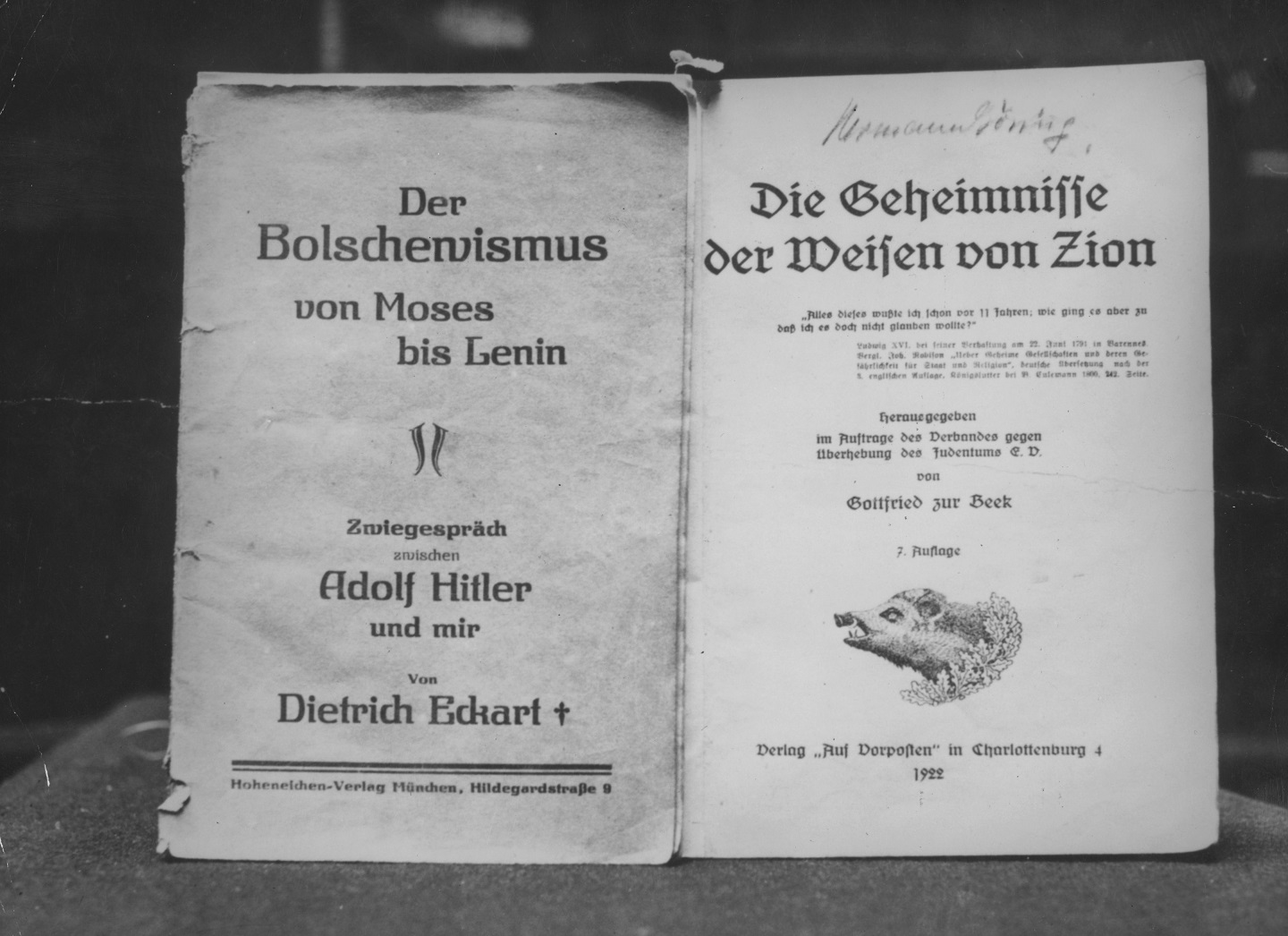 A photograph of the The title pages of 'The Protocols of the Elders of Zion', a Nazi anti-Semitic text.