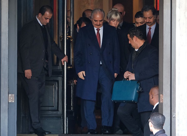 Libyan Field Marshall Khalifa Haftar (C) departs from the Hotel de Rome on January 21, 2020 in Berlin, Germany.