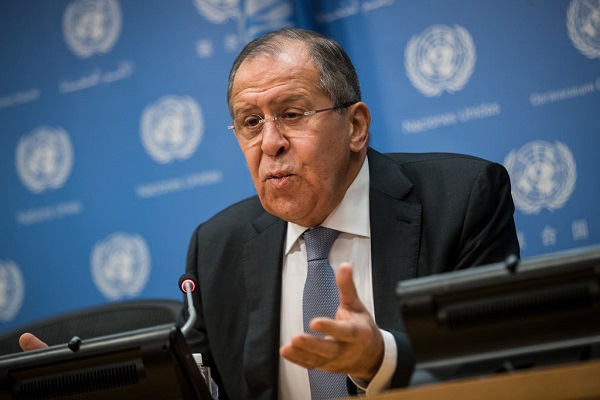 Foreign Minister of Russia Sergey Lavrov speaks during a press conference at United Nations headquarters, January 19, 2018 in New York City.