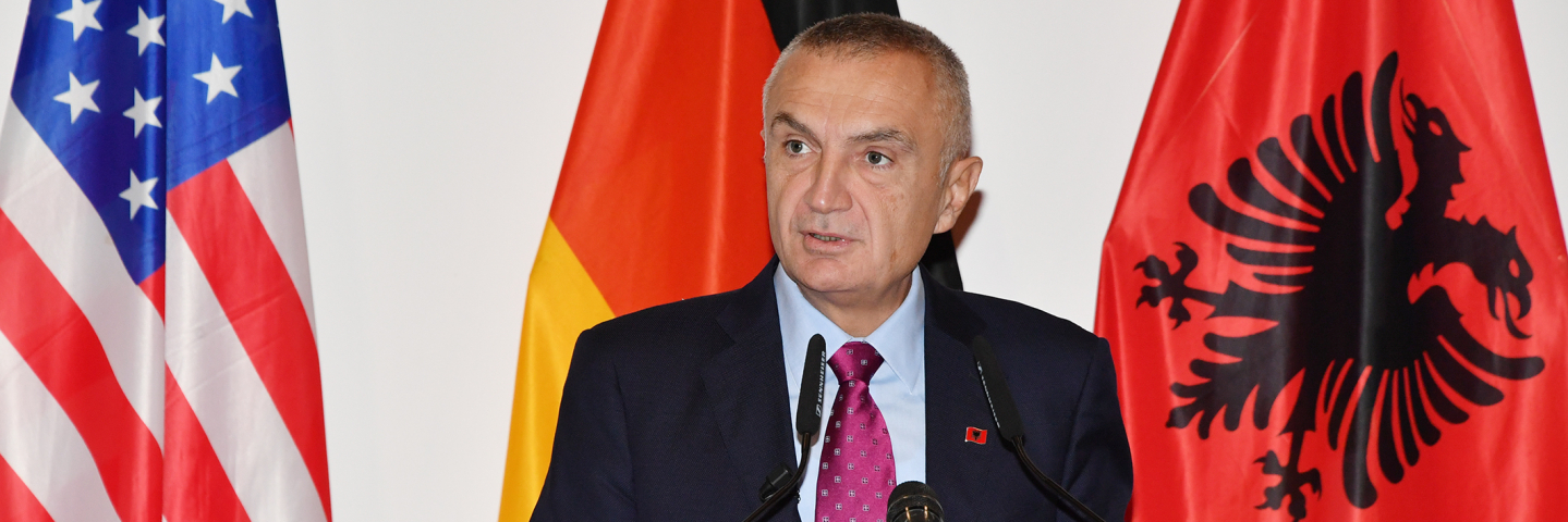 The President of the Republic of Albania Ilir Meta speaks to 98 participants from 42 countries about security and Euro-Atlantic integration in the Balkans from the Albanian perspective at the George C. Marshall European Center for Security Studies Oct. 25.