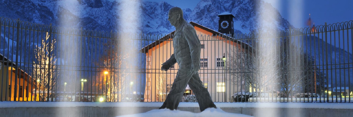 The bronze statue of Gen. George C. Marshall, an American statesman and soldier, in front of the George C. Marshall European Center for Security Studies is pictured in the snow.