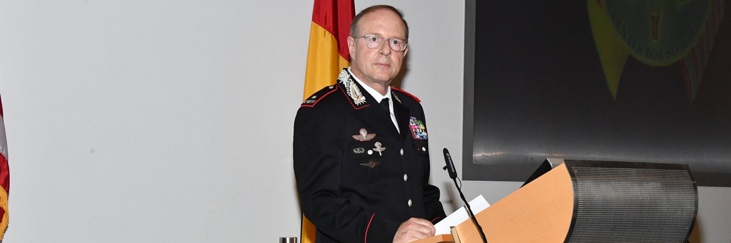 A photograph of Italian Carabinieri Brig. Gen. Sebastiano Comitini, director of the Senior Executive Seminar at the George C. Marshall European Center for Security Studies, gives a course description to 81 executives from 51 nations attending SES 18-11.