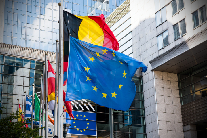 A photograph of the French and EU flags at half-mast in front of the European Parliament following last night's terrorist attack in Nice.