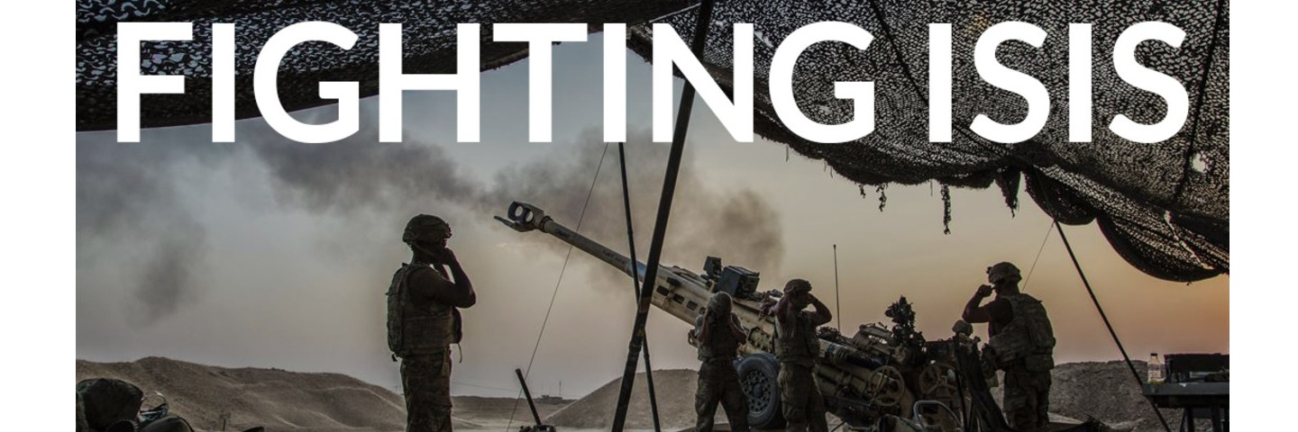 A photograph of soldiers with the wording, Fighting ISIS.
