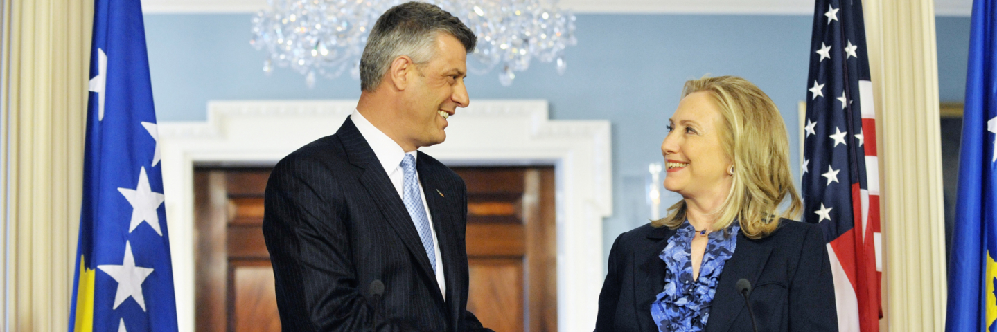 A photograph of U.S. Secretary of State Hillary Rodham Clinton meeting with Kosovan Prime Minister Hashim Thaci at the U.S. Department of State in Washington, D.C., on April 4, 2012.