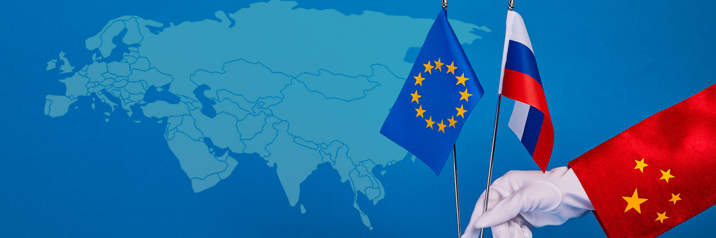Russia, the European Union, and China on a map of Eurasia