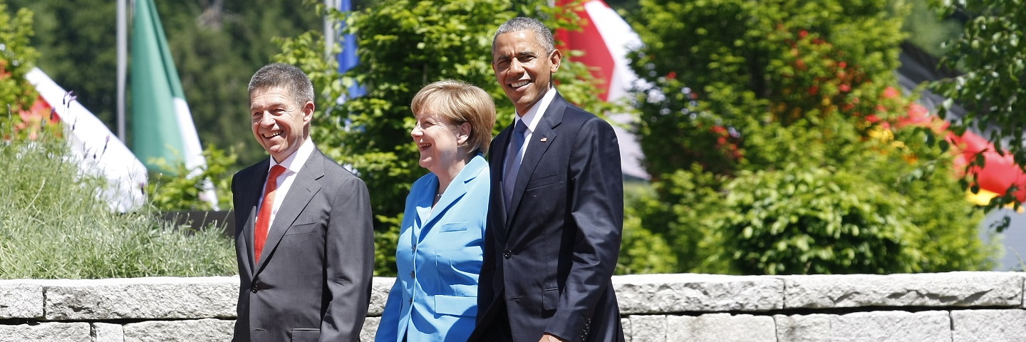 Barack Obama, Angela Merkel and Joachim Sauer, her husband (from right to left), Krün - Schloss Elmau, June 7, 2015