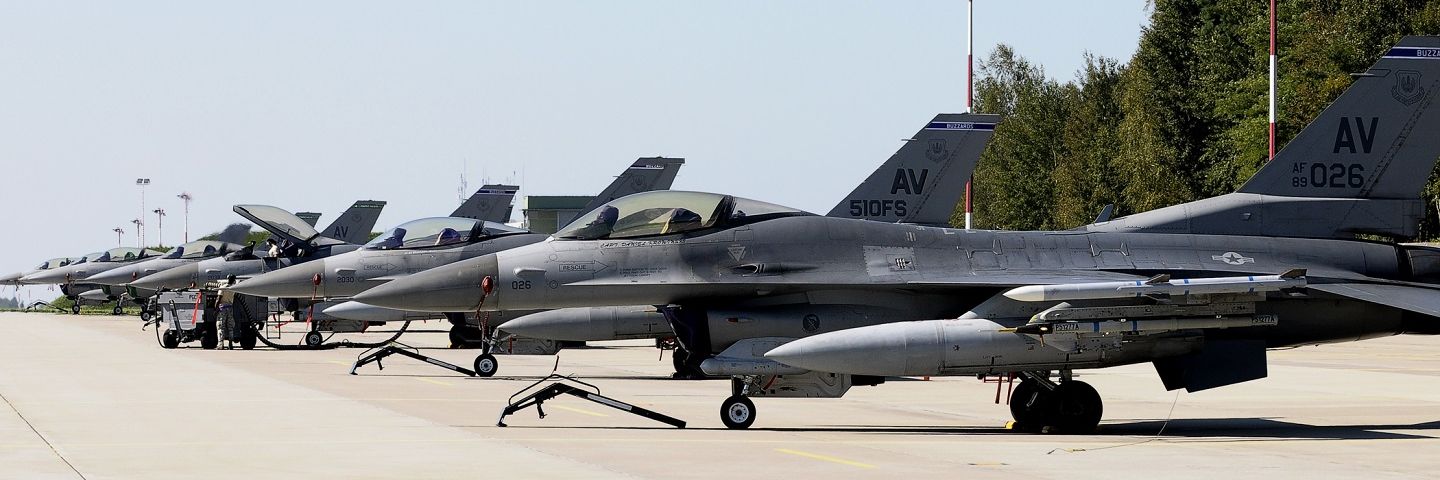 F-16 Fighting Falcons sit on the ramp Sept. 5, 2014, at Lask Air Base Poland. 