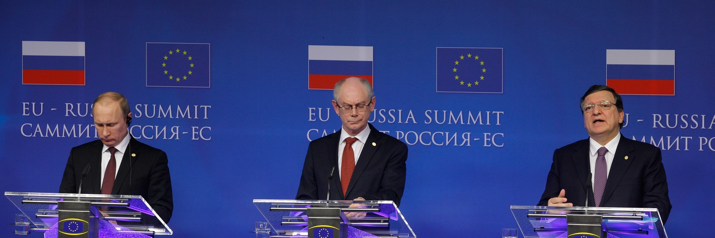 Vladimir Putin, Herman van Rompuy and José Manuel Barroso (in the foreground, from right to left), EU/Russia Summit, January 28, 2014
