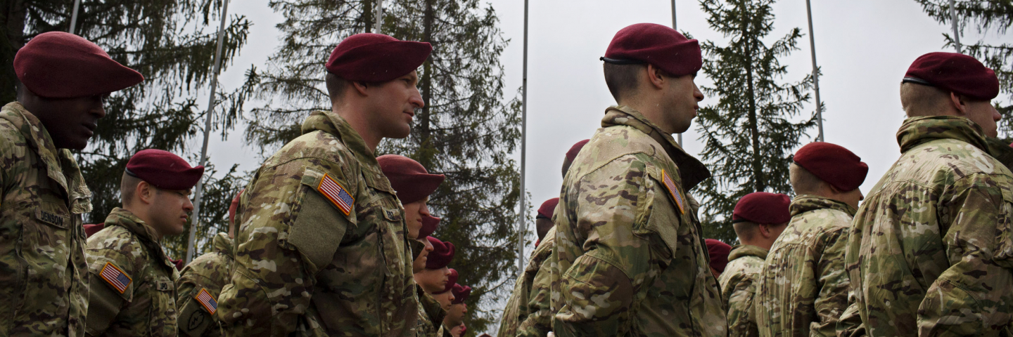 Members of the American 173rd Airborne unit stand at attention during the opening ceremony for Operation Fearless Guardian on April 20, 2015 at the International Peacekeeping and Security Center near Yavoriv, Ukraine. 
