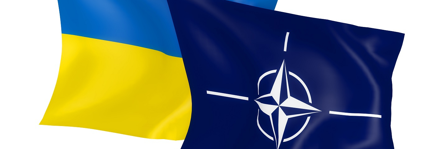 A photograph of the flag of Ukraine and NATO.