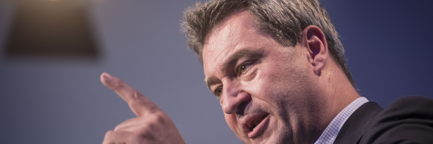 A photograph of Markus Soeder, Governor of Bavaria and lead candidate for the Bavarian Social Union(CSU), the Bavarian Christian Democrats, speaks at a CSU election rally on October 9, 2018 in Wurzburg, Germany.