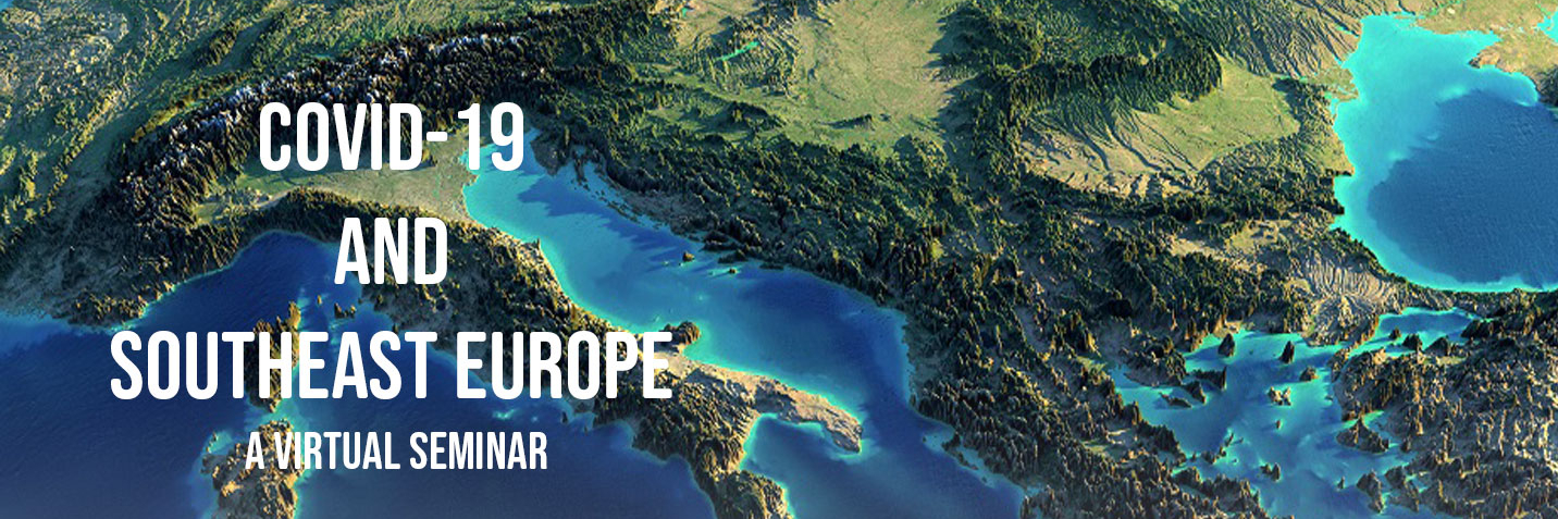 A graphic of europe with the title of this online event COVID-19 and Southeast Europe.