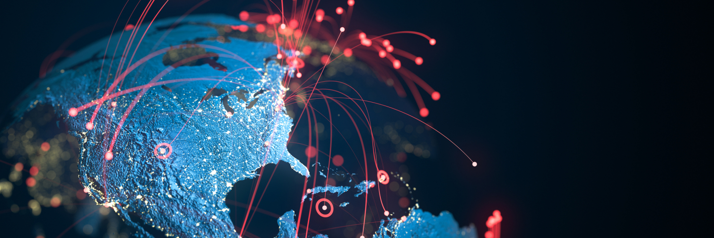 High quality 3D rendered image, perfectly usable for topics related to big data, global networks, international flight routes or the spread of a pandemic / computer virus. Textures courtesy of NASA.