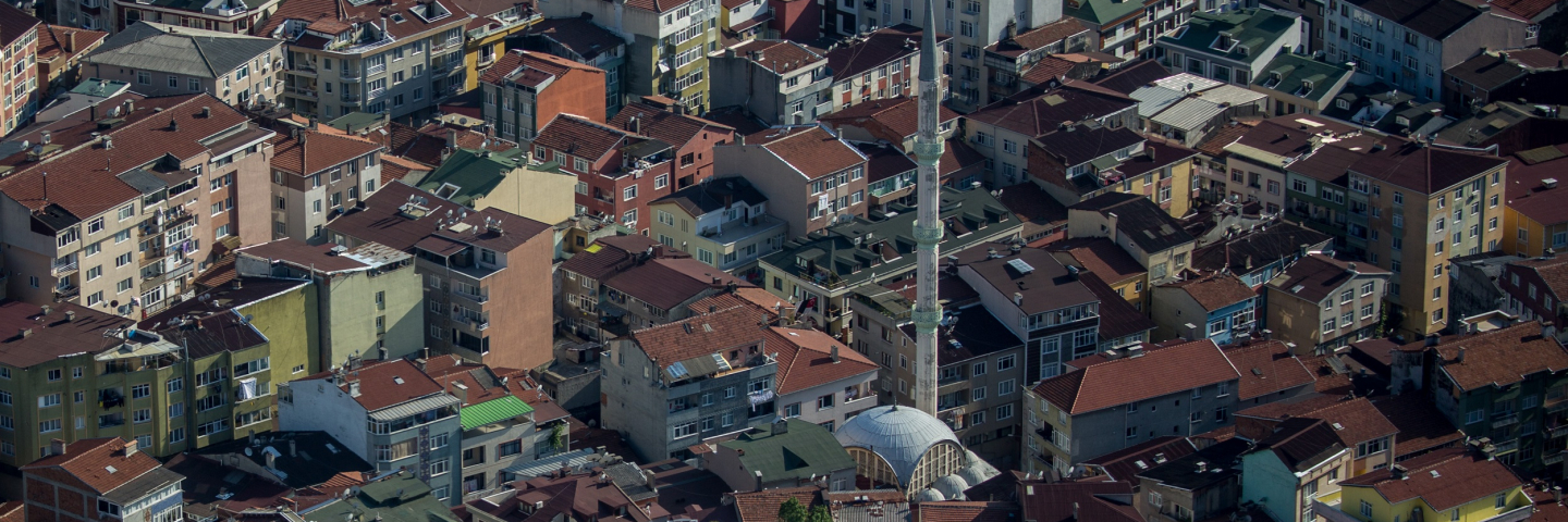 A mosque is seen amid residential housing