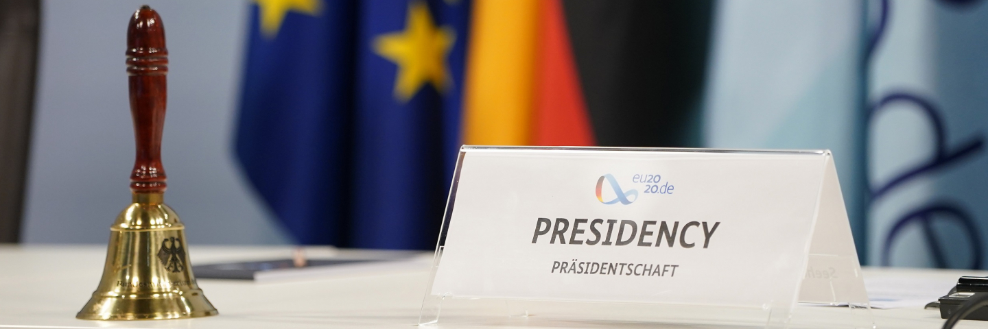 A bell and sign mark the seat for German Interior Minister Horst Seehofer prior to a virtual informal meeting of European Union interior ministers during the novel coronavirus pandemic on July 07, 2020 in Berlin, Germany. 