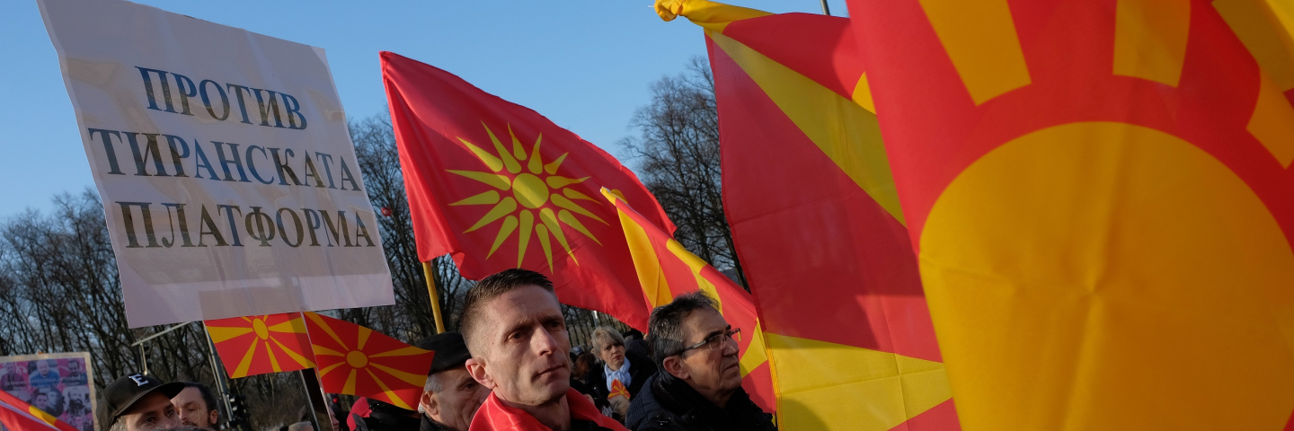 Macedonians protest in front of the EU building in Skopje in May 2017, a few days after violence erupted when angry nationalist protesters stormed parliament. Societal fissures make countries more vulnerable to hybrid tactics.