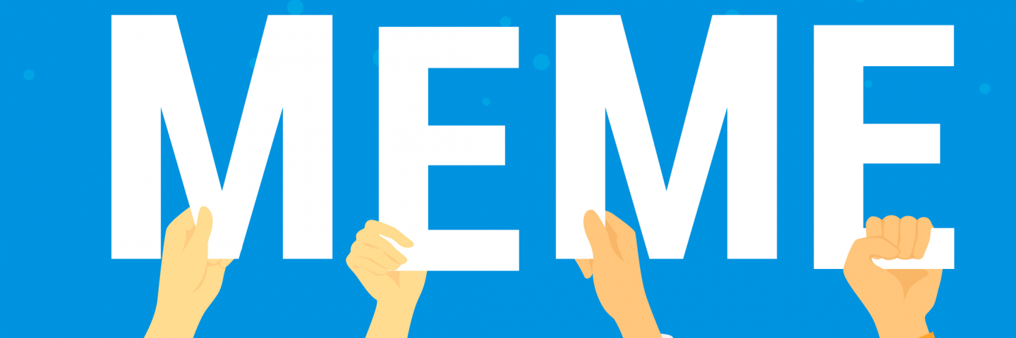 Meme letters concept vector illustration of happy young people following internet trends, reposting and publishing new trends in social network. Flat human hands hold meme letters on blue background