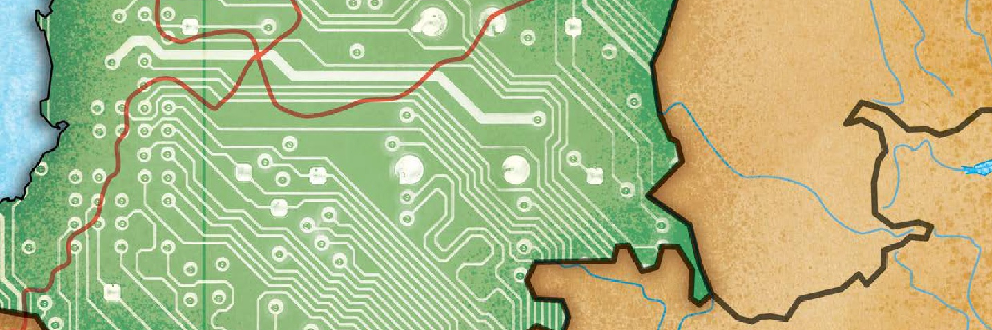 Map of South America, a circuit board covers Columbia.