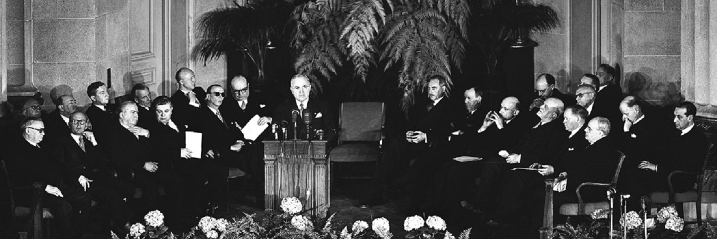 U.S. President Harry Truman launches the North Atlantic defense treaty in Washington on April 4, 1949.