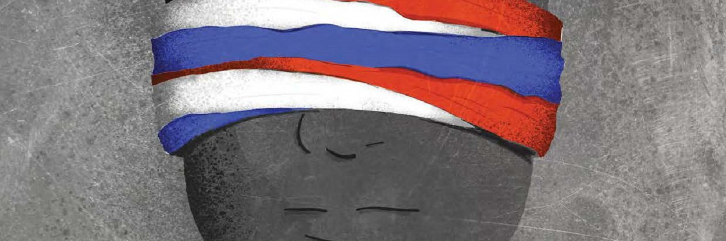 Man Blinfolded by Russian Flag