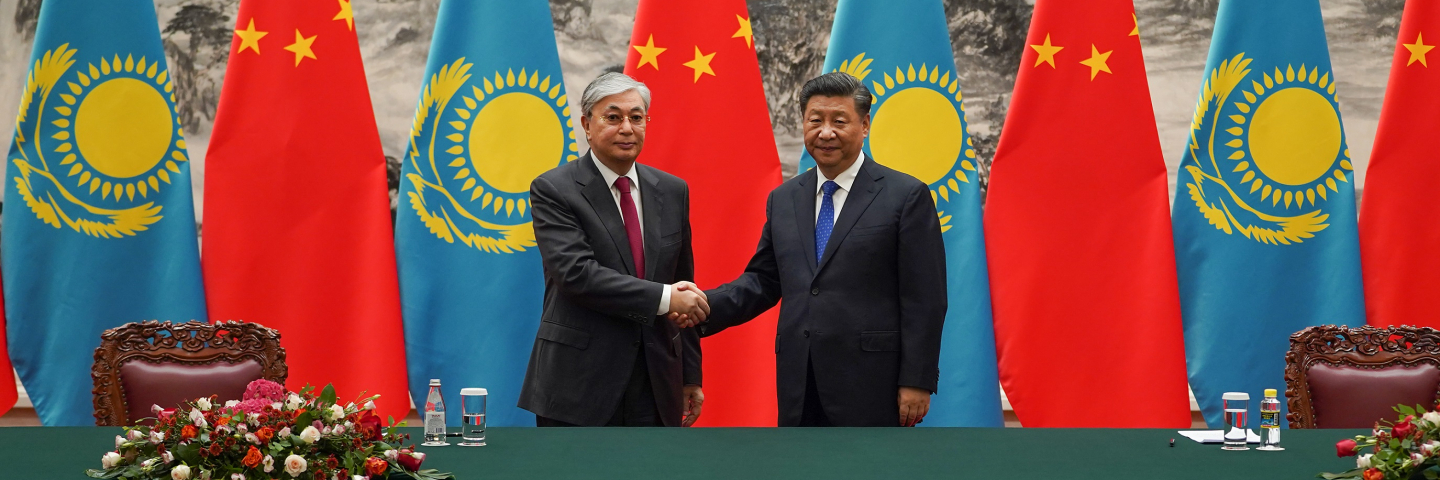 Chinese President Xi Jinping shakes hands with Kazakh President Kassym Jomart Tokayev at the end of the signing ceremony during the meeting on September 11, 2019 at the Great Hall of the People, Beijing, China.