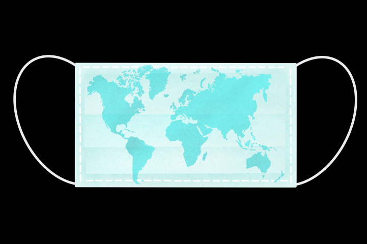 Illustration of Coronavirus disease named COVID-19 on world map, that is on on surgical mask.