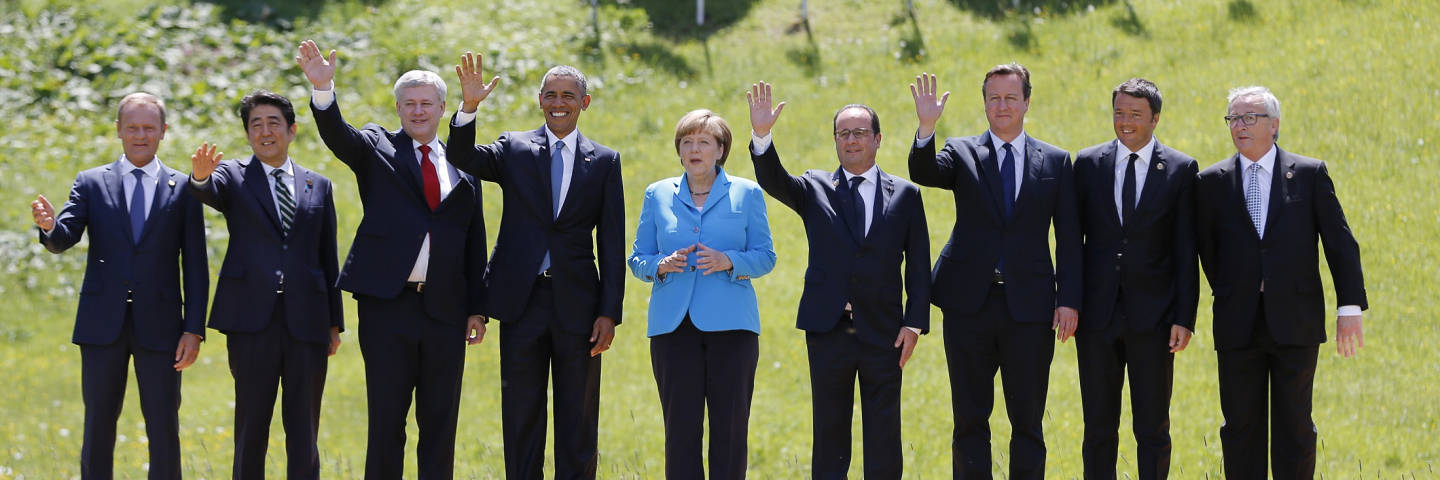 Italian Prime Minister Matteo Renzi, Japanese Prime Minister Shinzo Abe, President of the European Commission Jean-Claude Juncker, Canada's Prime Minister Stephen Harper, French President Francois Hollande, President of the European Council Donald Tusk, German Chancellor Angela Merkel, U.S. President Barack Obama, British Prime Minister David Cameron seen during the G7 Summit at Schloss Elmau on June 7, 2015 in Garmisch-Partenkirchen, Germany.