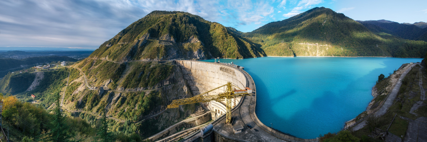 Panoramic view of Enguri hydroelectric power station HES in Georgia