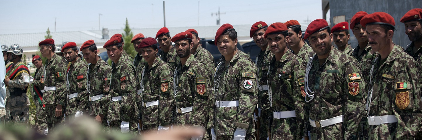 A row of Afghan Army soldiers attend a security transition ceremony