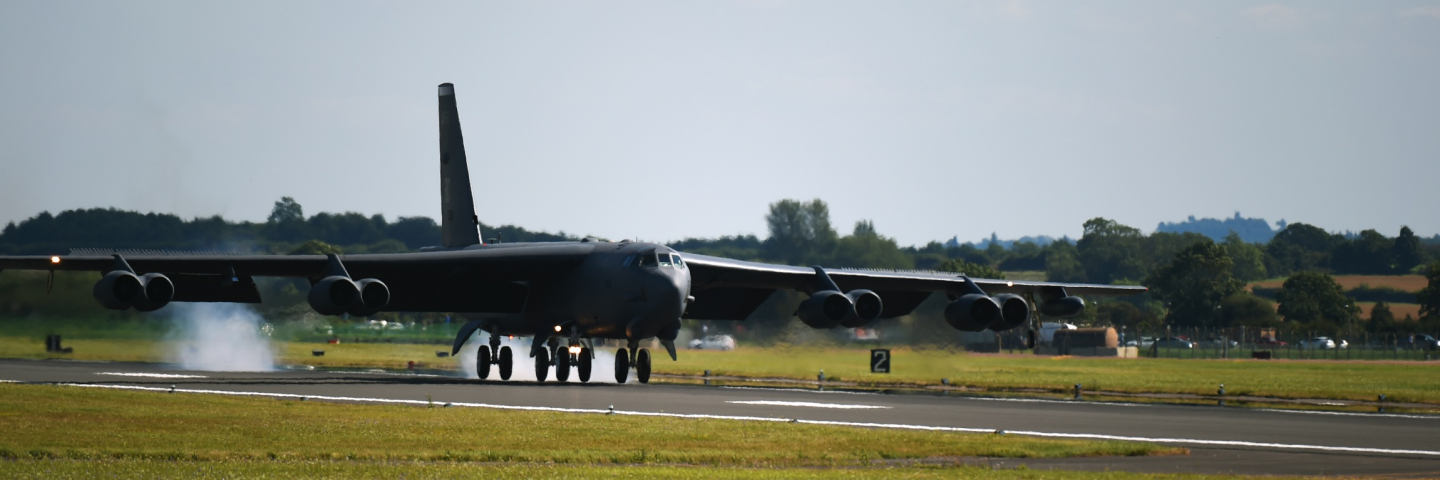 A B-52 Stratofortress from the 307th Bomb Wing, Air Force Reserve Command, Barksdale, La. touches down at RAF Fairford,United Kingdom, August 30, 2016. . The B-52 redeployed to RAF Fairford after participating in the Slovak International Air Fest.