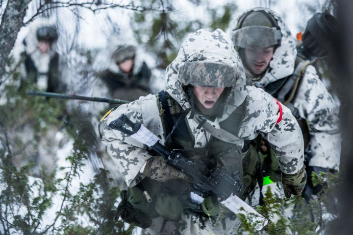 Finnish infantry troops conduct winter training.