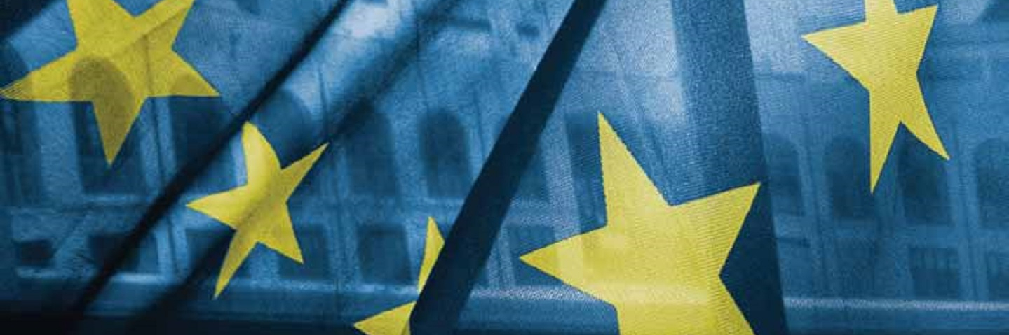 EU flag reflecting parliament building