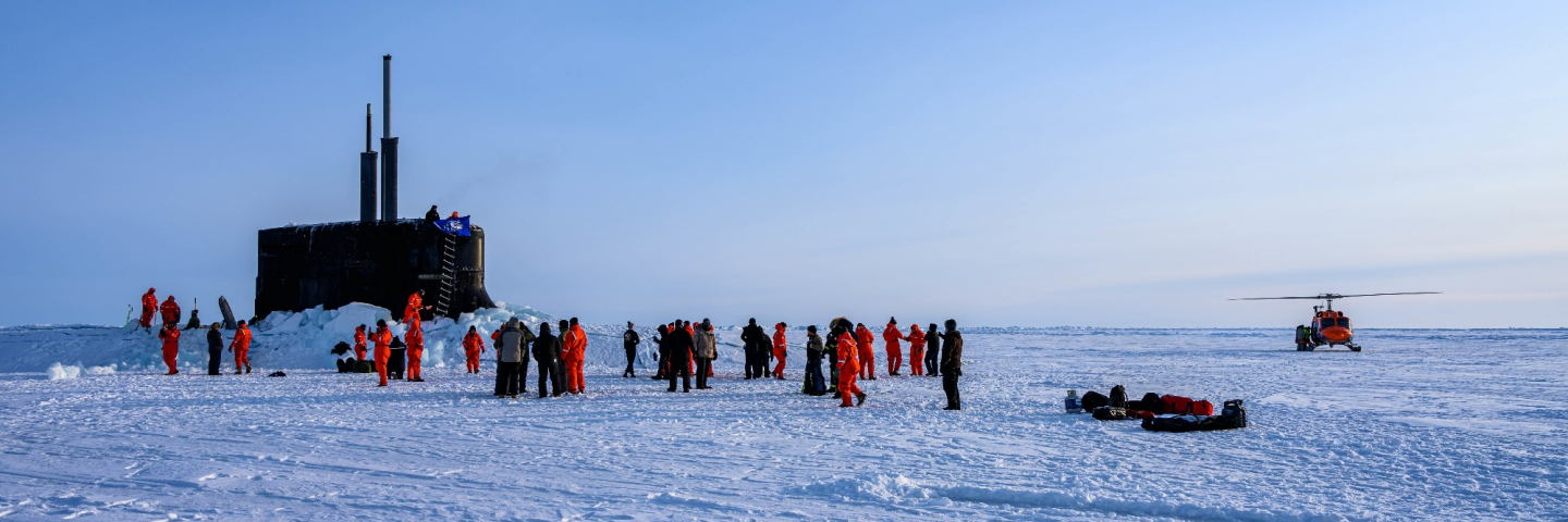 The crew of the Seawolf-class fast-attack submarine, USS Connecticut (SSN 22), enjoys ice liberty after surfacing in the Arctic Circle during Ice Exercise (ICEX) 2020. ICEX 2020 is a biennial submarine exercise which promotes interoperability between allies and partners to maintain operational readiness and regional stability, while improving capabilities to operate in the Arctic environment.