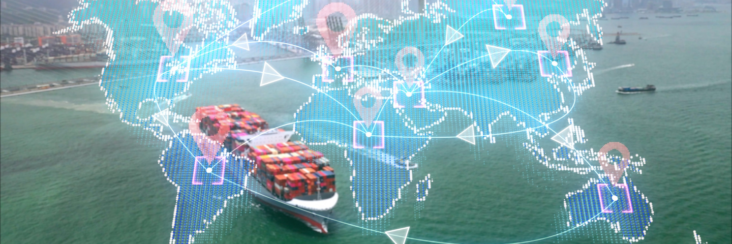 Cargo ship with an overlay of a world map showing shipping routes.