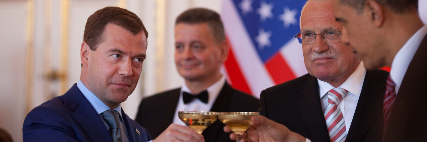 President Barack Obama, Russian President Dmitry Medvedev, left, and Czech Republic President Vaclav Klaus, share a toast during a luncheon at Prague Castle