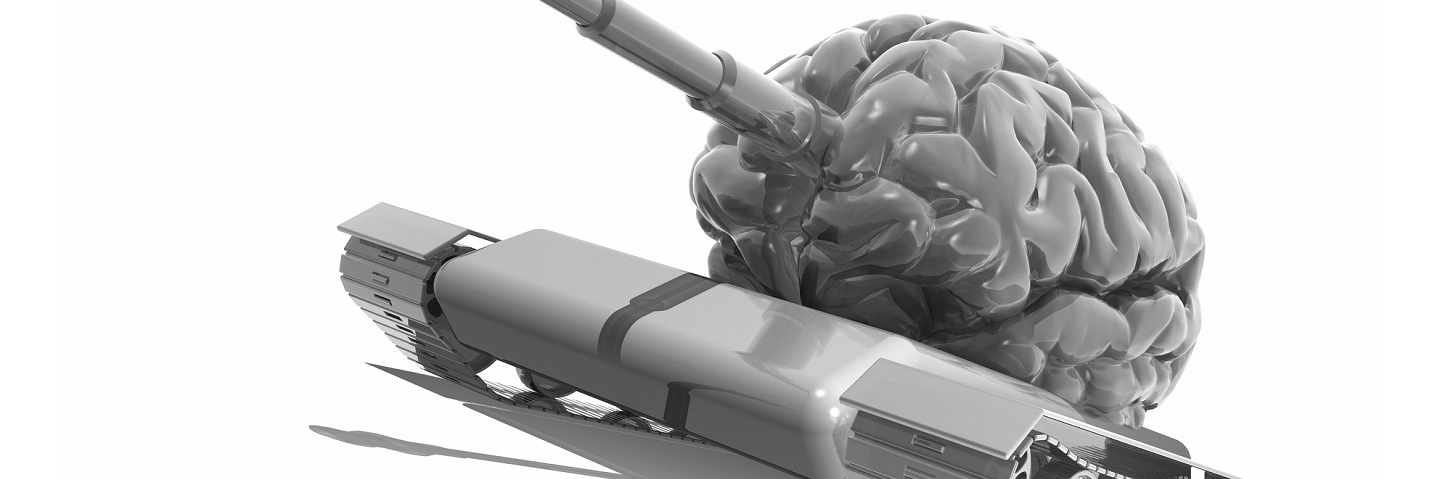 Conceptual computer artwork of a tank with a brain as the body of the vehicle.